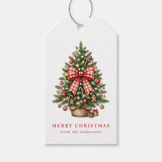Elegante Waterverf Kerstboom Rode Gingham Strik Cadeaulabel (Voorkant)