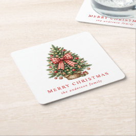 Elegante Waterverf Kerstboom Rode Gingham Strik Kartonnen Onderzetters