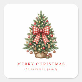 Elegante Waterverf Kerstboom Rode Gingham Strik Vierkante Sticker