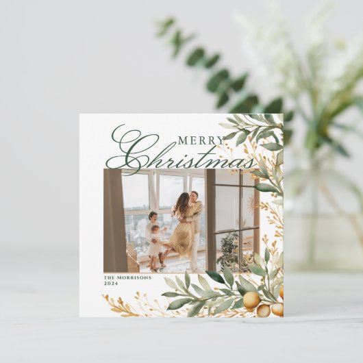 Elegante Waterverf Kerstgroen Custom Photo Feestdagenkaart (Staand voorkant)