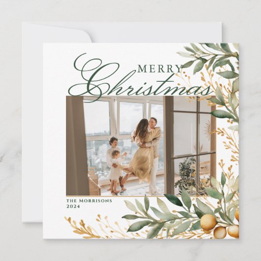 Elegante Waterverf Kerstgroen Custom Photo Feestdagenkaart (Voorkant)