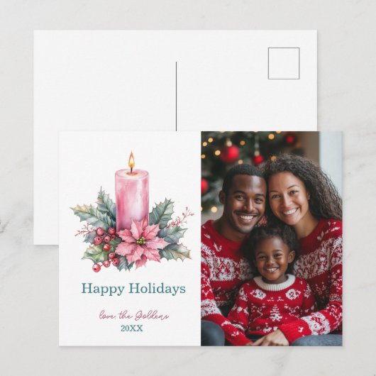Elegante Waterverf Kerstkaars Custom Photo Feestdagenkaart (Voorkant / Achterkant)