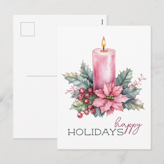 Elegante Waterverf kerstkaars Feestdagenkaart (Voorkant / Achterkant)