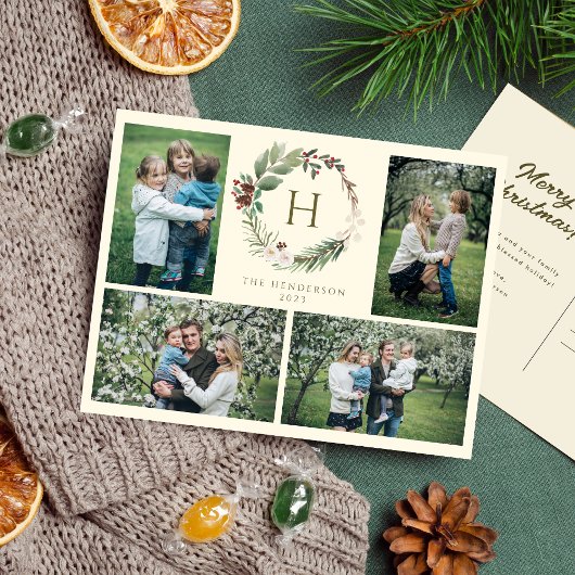 Elegante Waterverf Kerstkrans 4 Foto Feestdagenkaart