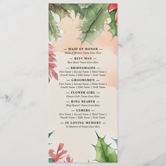 Elegante Waterverf kerstkrans bruiloft Programmakaart (Achterkant)