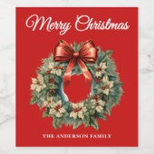Elegante Waterverf Kerstkrans Wijn Etiket (Enkel label)