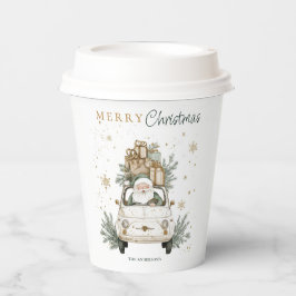 Elegante Waterverf Kerstman Auto Sneeuw Kerstfeest Papieren Bekers