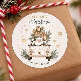 Elegante waterverf Kerstman Auto Sneeuw Prettig Ke Ronde Sticker