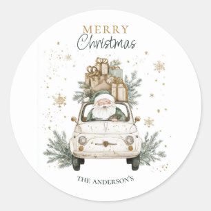 Elegante waterverf Kerstman Auto Sneeuw Prettig Ke Ronde Sticker