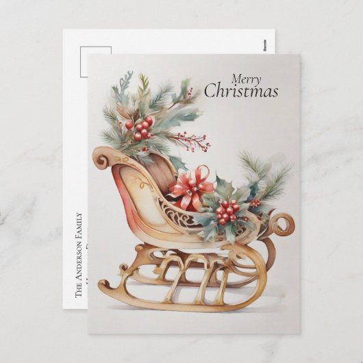 Elegante Waterverf Kerstslee Feestdagenkaart