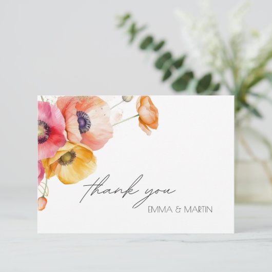 Elegante waterverf klaprozen bloem bruiloft bedankkaart (Staand voorkant)