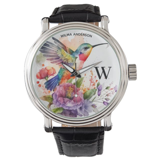Elegante Waterverf kolibrie monogram met naam Horloge (Voorkant)