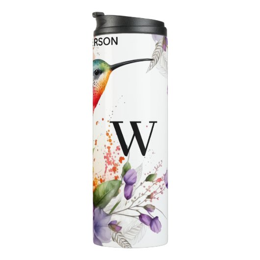 Elegante Waterverf kolibrie monogram met naam Thermosbeker (Geroteerd rechts)