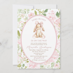 Elegante waterverf konijn met roze strik Baby Show Kaart