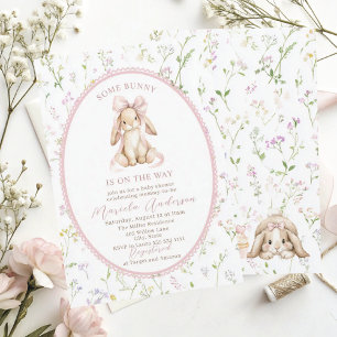 Elegante waterverf konijn met roze strik Baby Show Kaart