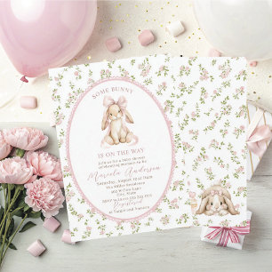 Elegante waterverf konijn met roze strik Baby Show Kaart