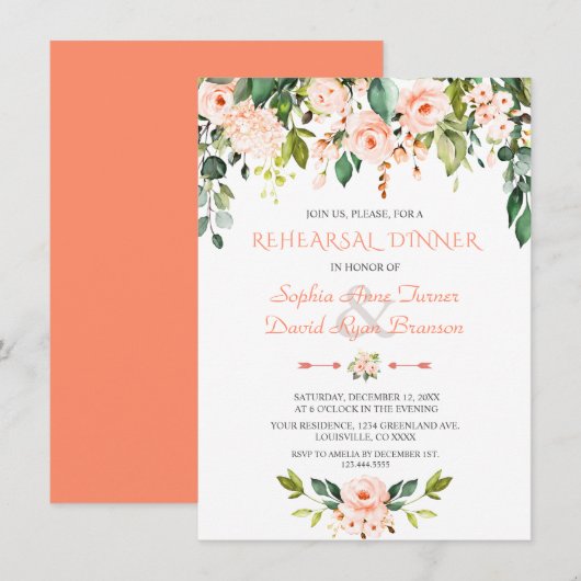 Elegante Waterverf Koraal Bloemen Oefen Diner Kaart (Voorkant / Achterkant)