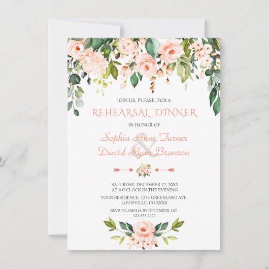 Elegante Waterverf Koraal Bloemen Oefen Diner Kaart (Voorkant)