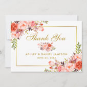 Elegante Waterverf koraal bloemengoud bruiloft Bedankkaart (Voorkant)