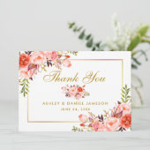 Elegante Waterverf koraal bloemengoud bruiloft Bedankkaart (Staand voorkant)