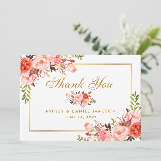 Elegante Waterverf koraal bloemengoud bruiloft Bedankkaart (Staand voorkant)