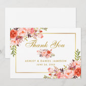 Elegante Waterverf koraal bloemengoud bruiloft Bedankkaart (Voorkant / Achterkant)