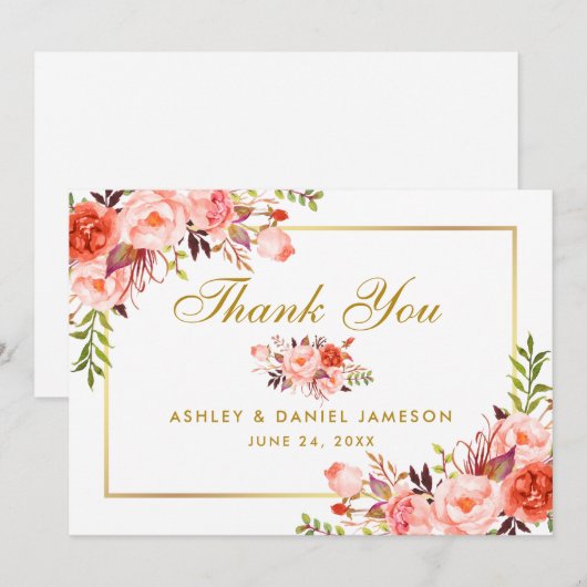 Elegante Waterverf koraal bloemengoud bruiloft Bedankkaart (Voorkant / Achterkant)