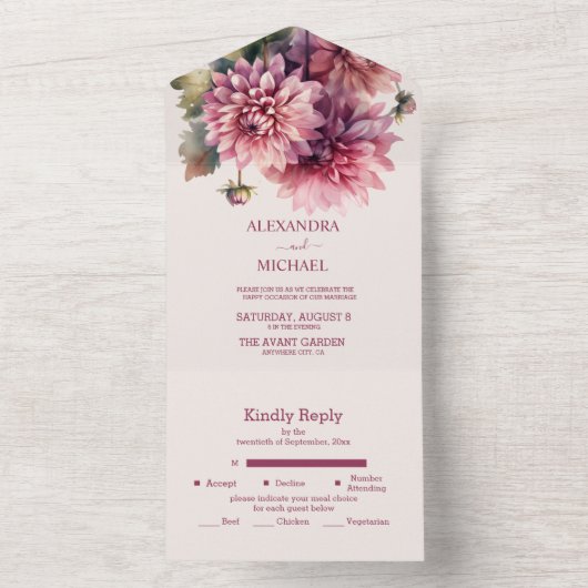 Elegante Waterverf koraal en roze dahlia bruiloft All In One Uitnodiging (Binnen)