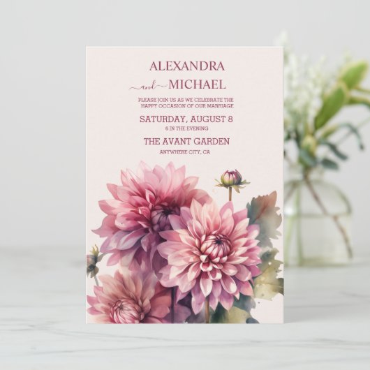 Elegante Waterverf koraal en roze dahlia bruiloft Kaart (Staand voorkant)
