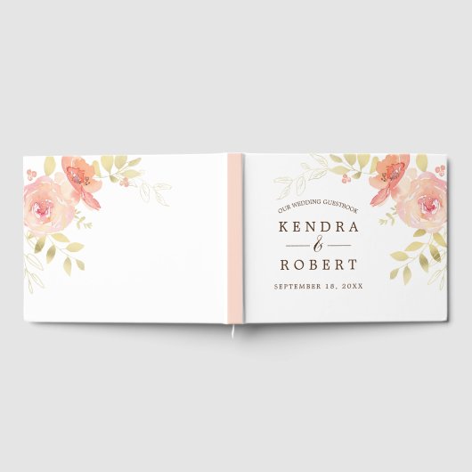 Elegante Waterverf Koraal Roze Roos & Gouden Bruil Gastenboek (Volledig)