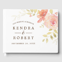 Elegante Waterverf Koraal Roze Roos & Gouden Bruil Gastenboek