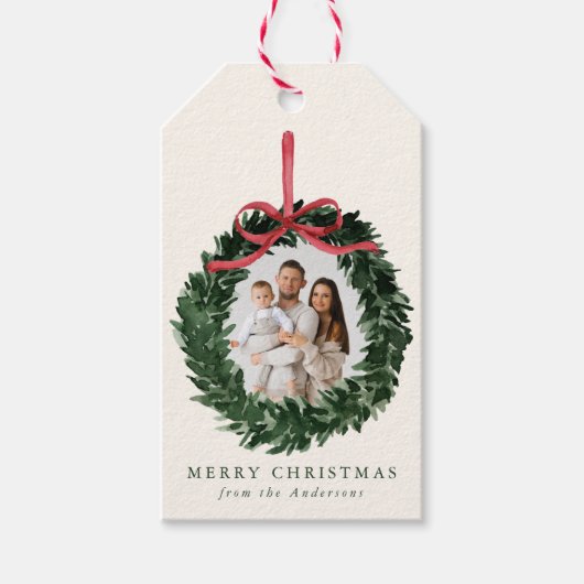 Elegante Waterverf Krans met Bow Vakantiefoto Cadeaulabel (Voorkant)