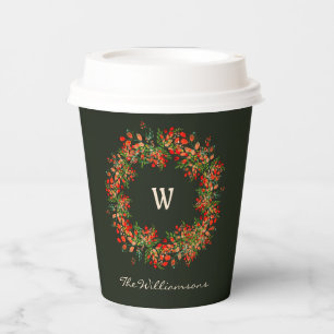 Elegante Waterverf Krans Monogrammed Kerst Papieren Bekers