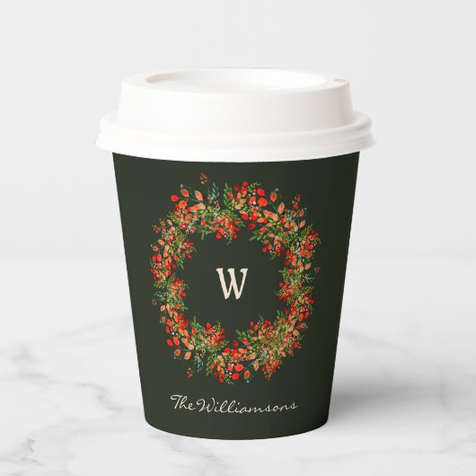 Elegante Waterverf Krans Monogrammed Kerst Papieren Bekers (Voorkant)