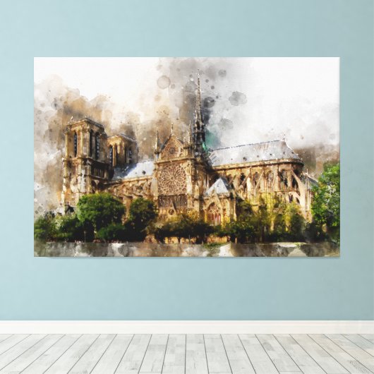 Elegante Waterverf kunst van de Notre Dame kathedr Canvas Afdruk (Insitu (Houten vloer))