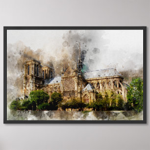 Elegante Waterverf kunst van de Notre Dame kathedr Foto Afdruk