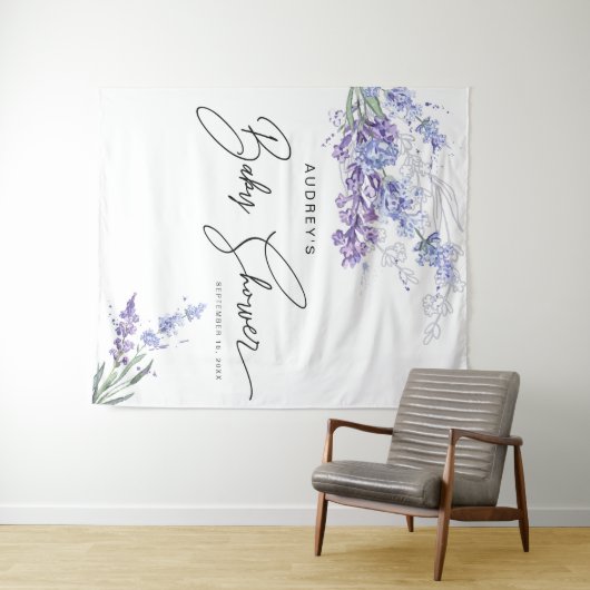 Elegante waterverf lavendel bloemetjes baby shower wandkleed (In Situ (horizontaal))
