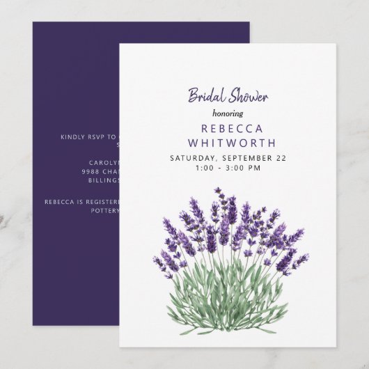 Elegante waterverf lavendel bruiloft feest kaart (Voorkant / Achterkant)