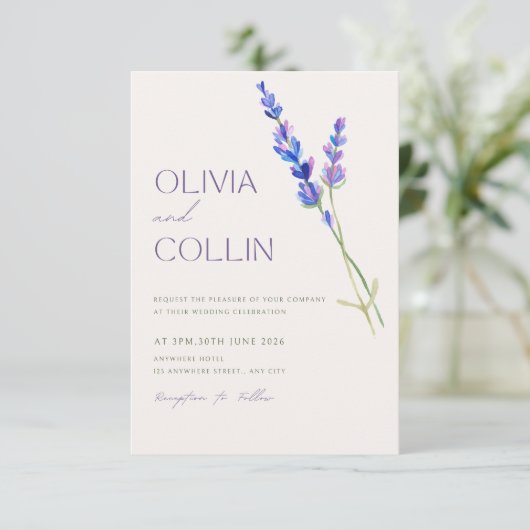 Elegante Waterverf Lavendel bruiloft uitnodiging (Staand voorkant)