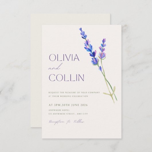 Elegante Waterverf Lavendel bruiloft uitnodiging (Voorkant / Achterkant)