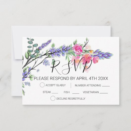 Elegante waterverf lavendel eucalyptus roze rozen  RSVP kaartje (Voorkant)