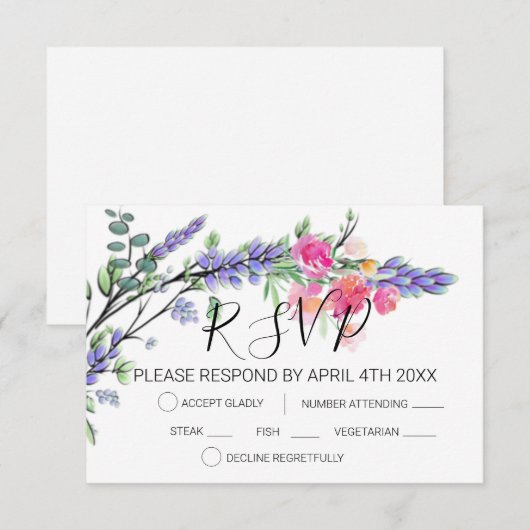 Elegante waterverf lavendel eucalyptus roze rozen  RSVP kaartje (Voorkant / Achterkant)