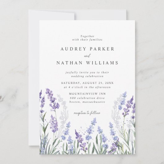 Elegante Waterverf Lavendel Field Details Bruiloft Kaart (Voorkant)