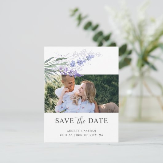 Elegante waterverf lavendel foto trouw QR-code Save The Date (Staand voorkant)