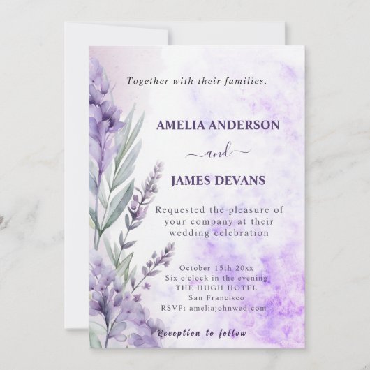 Elegante Waterverf Lavendel Herfst Floral Wedding Kaart (Voorkant)