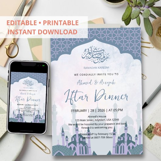 Elegante Waterverf Lavendel Moskee Iftar-diner Kaart