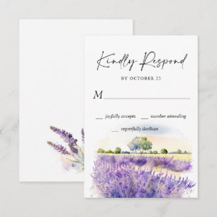 Elegante waterverf lavendelbloemen veld bruiloft RSVP kaartje