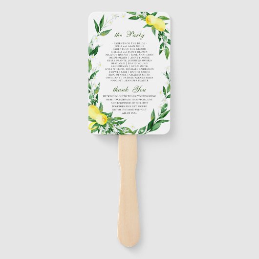 Elegante Waterverf Lemons Bloom Trouwprogramma Handwaaier (Achterkant)