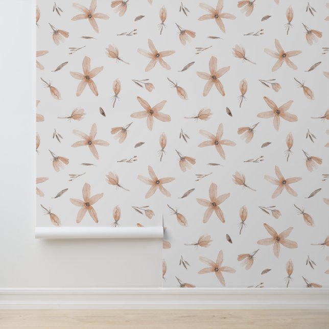 Elegante Waterverf Lichtbruine bloemen & knoppen Behang (Applicatie)