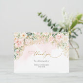 Elegante waterverf lichtroze rozen gouden bruiloft bedankkaart (Staand voorkant)